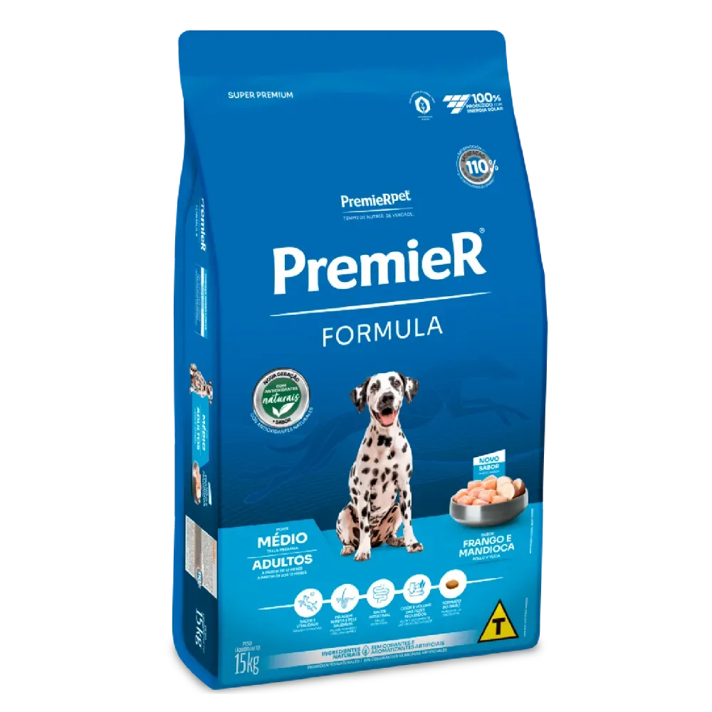 Ração Premier Fórmula para Cães Adultos de Raças Médias Sabor Frango e Mandioca 15kg