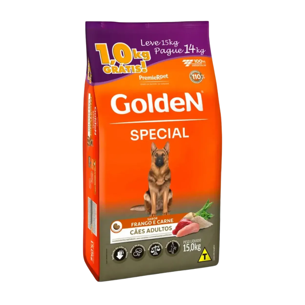 Ração Golden Special para Cães Adultos Sabor Frango e Carne Promocional Pague 14kg e Leve 15kg